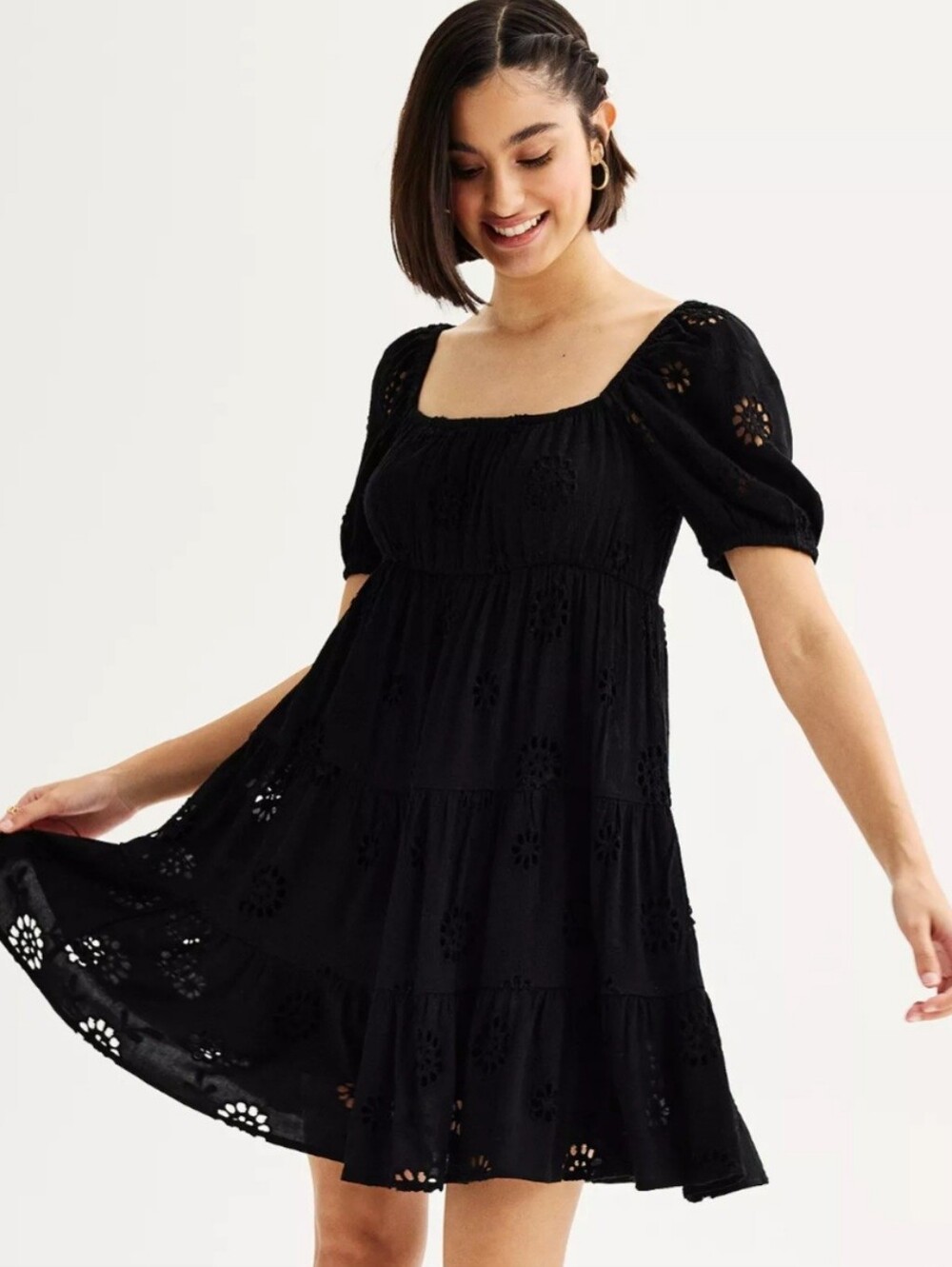 Rewind Black Eyelet Puff-Sleeve Tiered Mini Dress